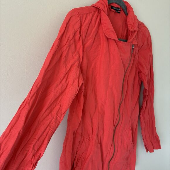 EILEEN FISHER Orange Red Lory Rumpled Cotton Steel Hooded Jacket Small Lagenlook - Picture 2 of 13